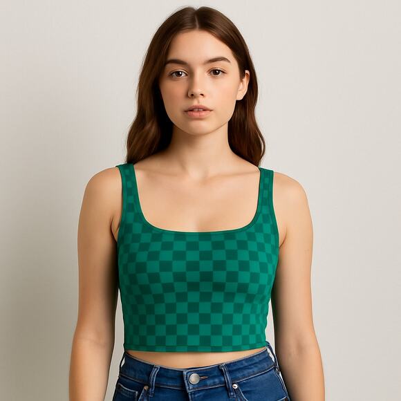 Colsie Green Checkerboard Crop Tank Top Large Y2K Streetwear - Picture 1 of 5